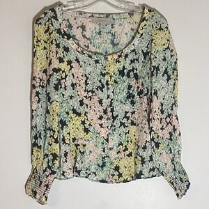 LOFT Top Womens Small Petite Multicolored Gray Floral Button Down Classic Preppy